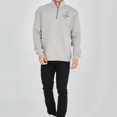 Erkek Yarım Fermuarlı Baskılı 3 iplik pamuklu sweatshirt - Boyalı Gri