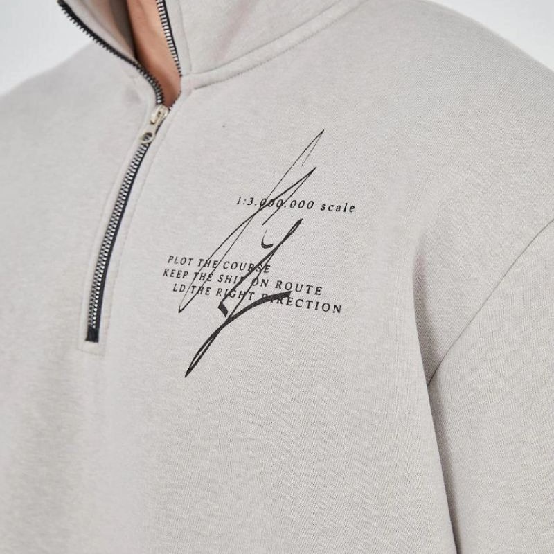 Erkek Yarım Fermuarlı Baskılı 3 iplik pamuklu sweatshirt - Boyalı Gri