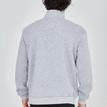 Erkek Yarım Fermuarlı Baskılı 3 iplik pamuklu sweatshirt - Gri