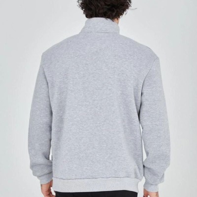 Erkek Yarım Fermuarlı Baskılı 3 iplik pamuklu sweatshirt - Gri