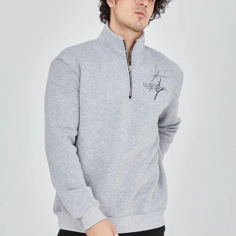 Erkek Yarım Fermuarlı Baskılı 3 iplik pamuklu sweatshirt - Gri