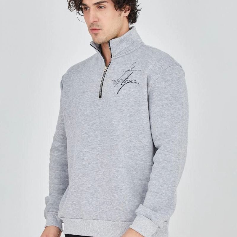 Erkek Yarım Fermuarlı Baskılı 3 iplik pamuklu sweatshirt - Gri