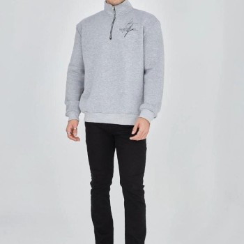 Erkek Yarım Fermuarlı Baskılı 3 iplik pamuklu sweatshirt - Gri