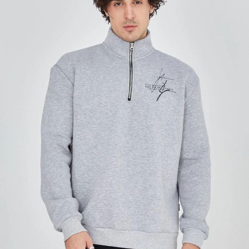 Erkek Yarım Fermuarlı Baskılı 3 iplik pamuklu sweatshirt - Gri
