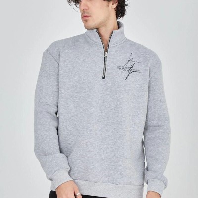 Erkek Yarım Fermuarlı Baskılı 3 iplik pamuklu sweatshirt - Gri