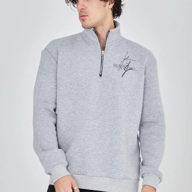 Erkek Yarım Fermuarlı Baskılı 3 iplik pamuklu sweatshirt - Gri