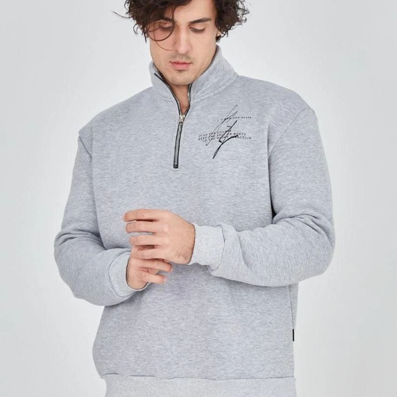 Erkek Yarım Fermuarlı Baskılı 3 iplik pamuklu sweatshirt - Gri