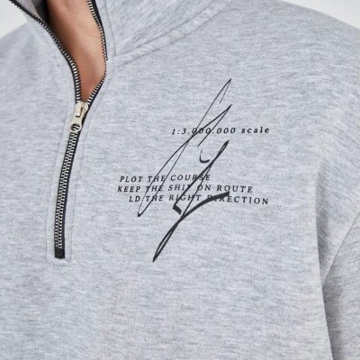 Erkek Yarım Fermuarlı Baskılı 3 iplik pamuklu sweatshirt - Gri