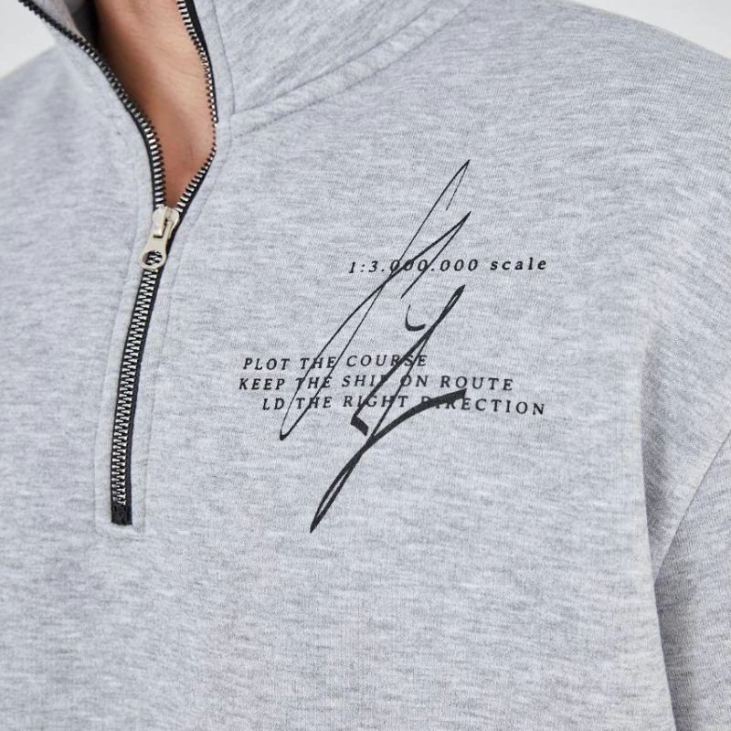 Erkek Yarım Fermuarlı Baskılı 3 iplik pamuklu sweatshirt - Gri