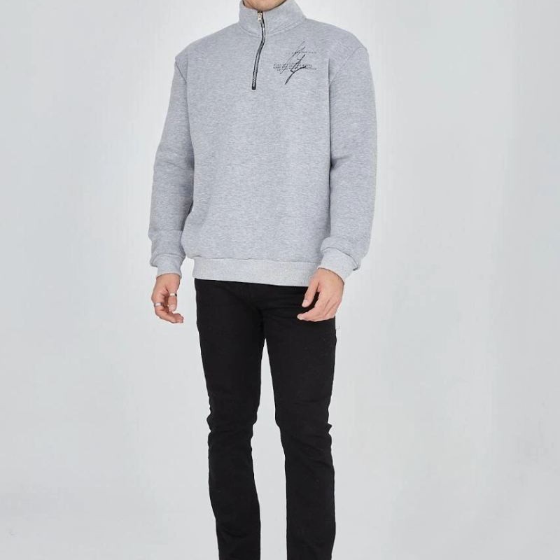 Erkek Yarım Fermuarlı Baskılı 3 iplik pamuklu sweatshirt - Gri