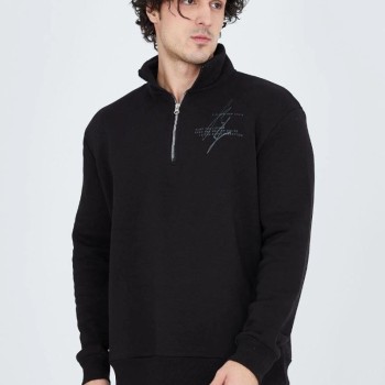 Erkek Yarım Fermuarlı Baskılı 3  iplik pamuklu sweatshirt - Siyah