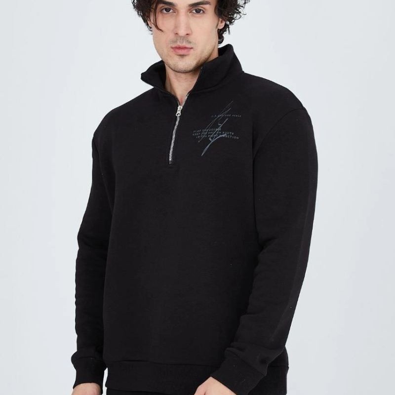 Erkek Yarım Fermuarlı Baskılı 3  iplik pamuklu sweatshirt - Siyah