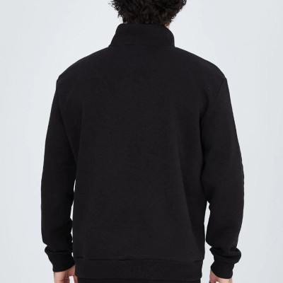 Erkek Yarım Fermuarlı Baskılı 3  iplik pamuklu sweatshirt - Siyah