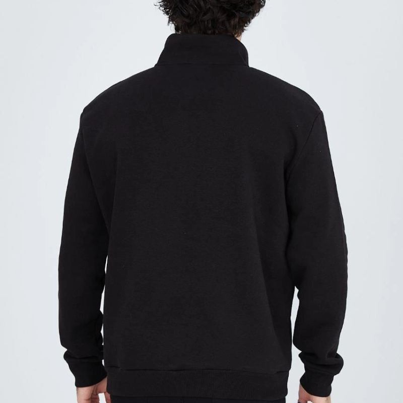 Erkek Yarım Fermuarlı Baskılı 3  iplik pamuklu sweatshirt - Siyah