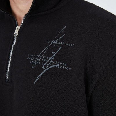 Erkek Yarım Fermuarlı Baskılı 3  iplik pamuklu sweatshirt - Siyah