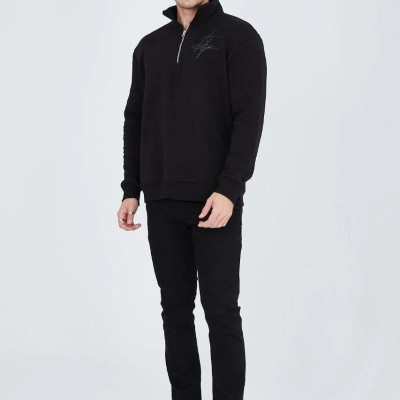 Erkek Yarım Fermuarlı Baskılı 3  iplik pamuklu sweatshirt - Siyah