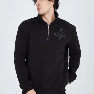Erkek Yarım Fermuarlı Baskılı 3  iplik pamuklu sweatshirt - Siyah