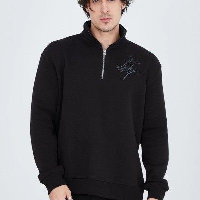 Erkek Yarım Fermuarlı Baskılı 3  iplik pamuklu sweatshirt - Siyah