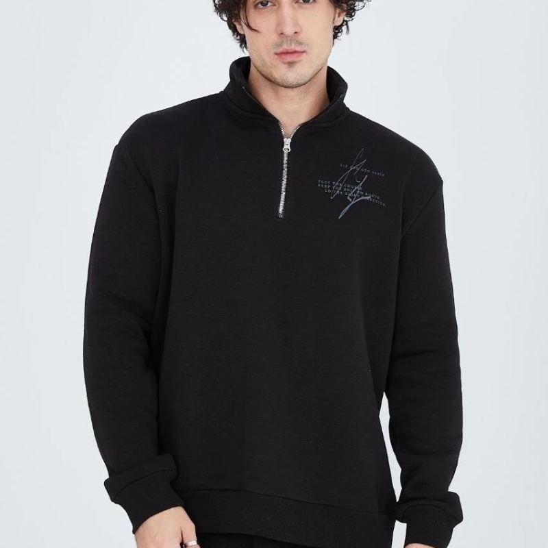 Erkek Yarım Fermuarlı Baskılı 3  iplik pamuklu sweatshirt - Siyah
