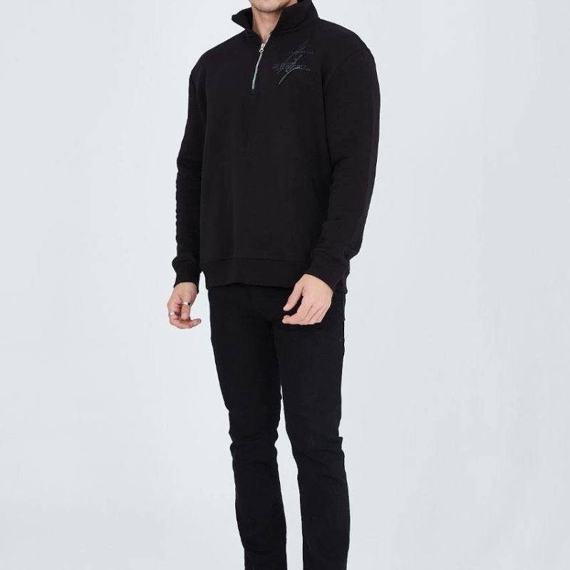 Erkek Yarım Fermuarlı Baskılı 3  iplik pamuklu sweatshirt - Siyah