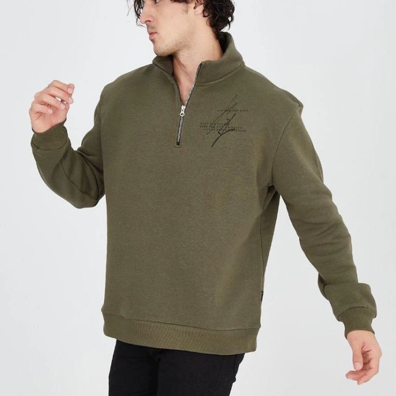 Erkek Yarım Fermuarlı Baskılı 3 iplik pamuklu sweatshirt - Yeşil