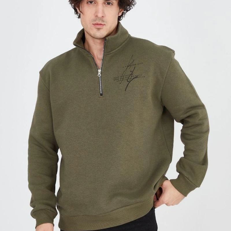 Erkek Yarım Fermuarlı Baskılı 3 iplik pamuklu sweatshirt - Yeşil