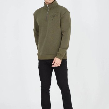 Erkek Yarım Fermuarlı Baskılı 3 iplik pamuklu sweatshirt - Yeşil