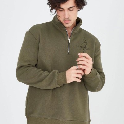 Erkek Yarım Fermuarlı Baskılı 3 iplik pamuklu sweatshirt - Yeşil