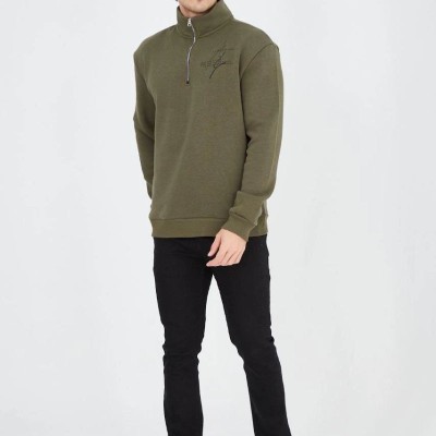 Erkek Yarım Fermuarlı Baskılı 3 iplik pamuklu sweatshirt - Yeşil