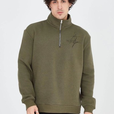Erkek Yarım Fermuarlı Baskılı 3 iplik pamuklu sweatshirt - Yeşil