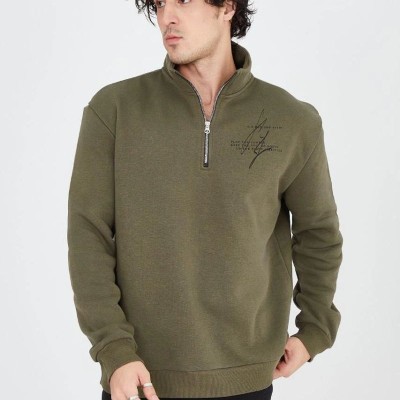 Erkek Yarım Fermuarlı Baskılı 3 iplik pamuklu sweatshirt - Yeşil
