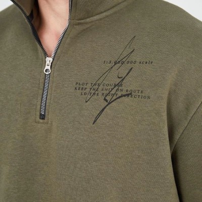 Erkek Yarım Fermuarlı Baskılı 3 iplik pamuklu sweatshirt - Yeşil