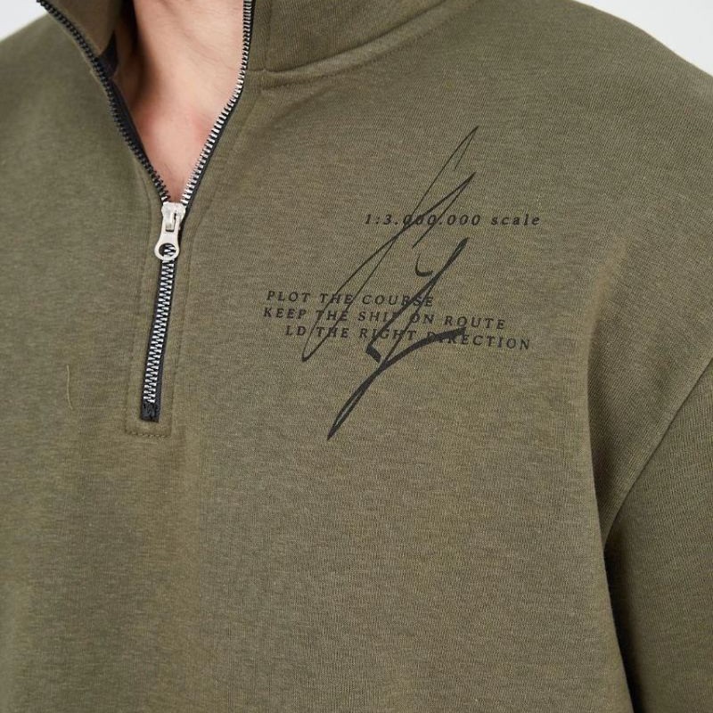 Erkek Yarım Fermuarlı Baskılı 3 iplik pamuklu sweatshirt - Yeşil