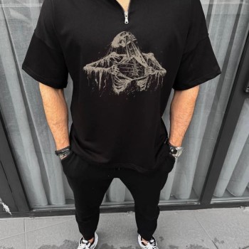 Erkek Yarım Fermuarlı Baskılı Oversize T-Shirt - Siyah