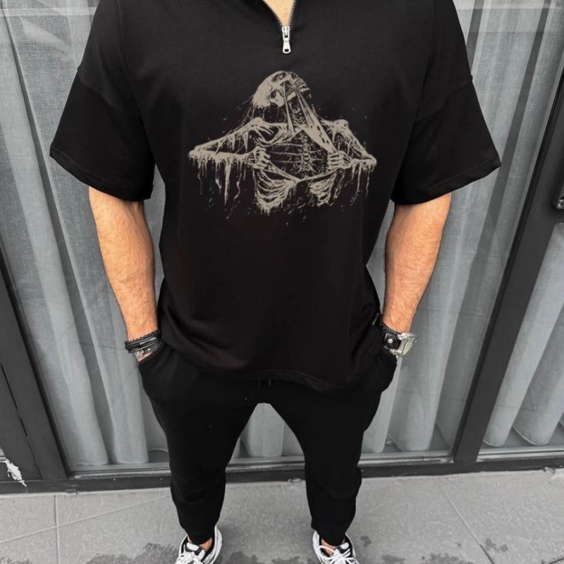 Erkek Yarım Fermuarlı Baskılı Oversize T-Shirt - Siyah