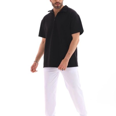 Erkek Yarım Fermuarlı Düz Oversize T-shirt - Siyah