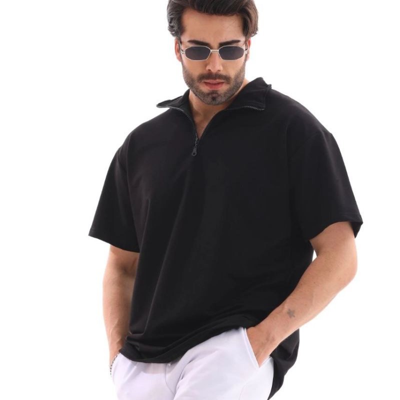 Erkek Yarım Fermuarlı Düz Oversize T-shirt - Siyah
