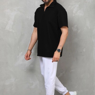 Erkek Yarım Fermuarlı Düz Oversize T-shirt - Siyah