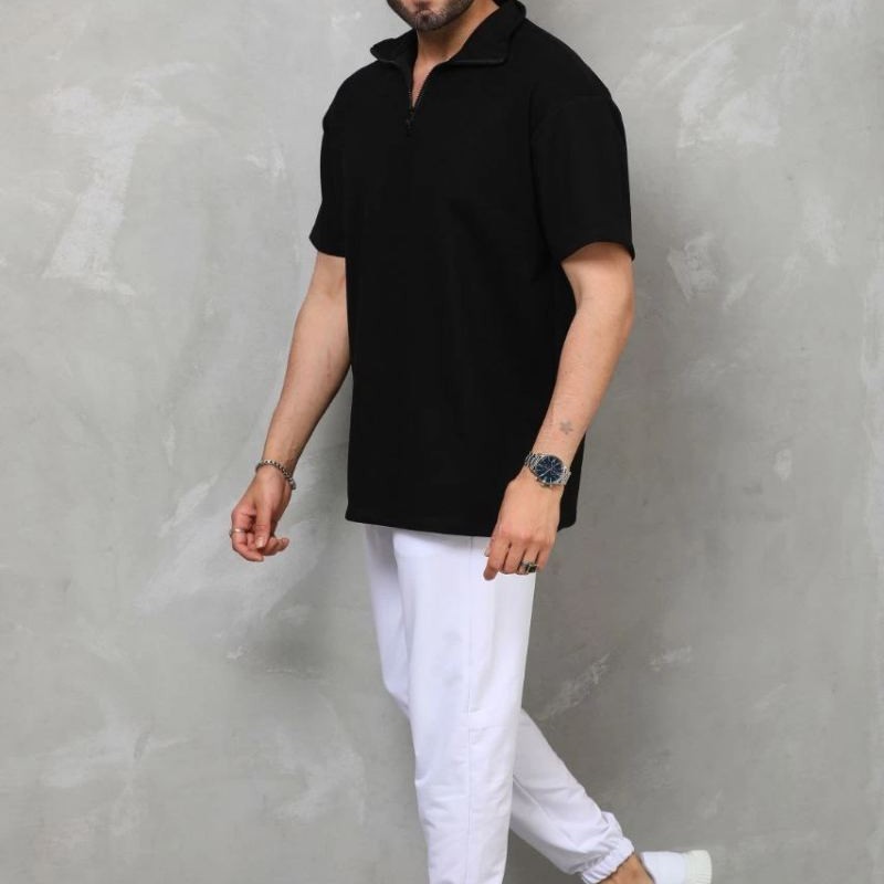 Erkek Yarım Fermuarlı Düz Oversize T-shirt - Siyah