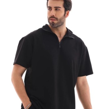 Erkek Yarım Fermuarlı Düz Oversize T-shirt - Siyah