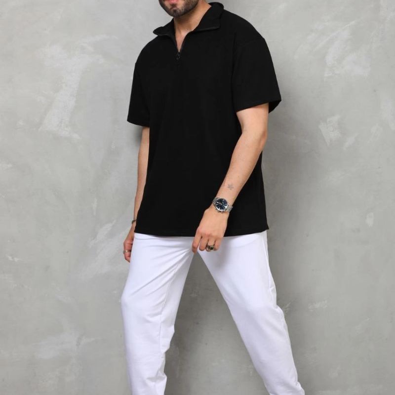 Erkek Yarım Fermuarlı Düz Oversize T-shirt - Siyah