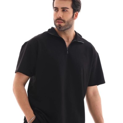 Erkek Yarım Fermuarlı Düz Oversize T-shirt - Siyah