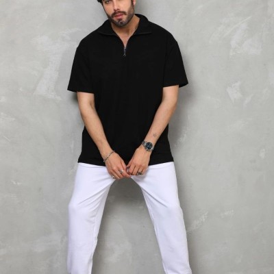 Erkek Yarım Fermuarlı Düz Oversize T-shirt - Siyah