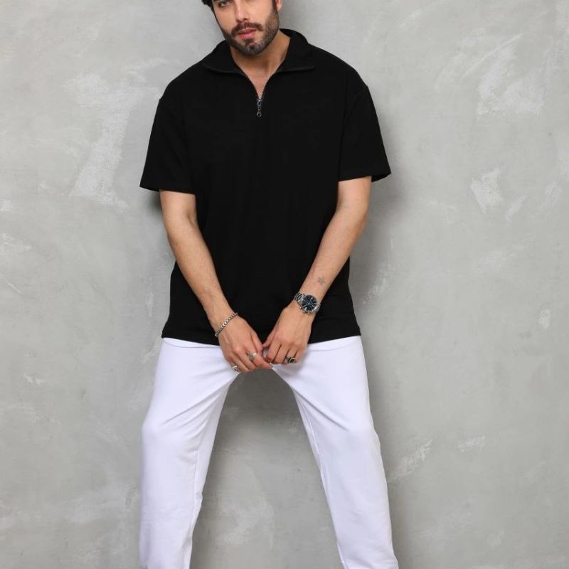 Erkek Yarım Fermuarlı Düz Oversize T-shirt - Siyah