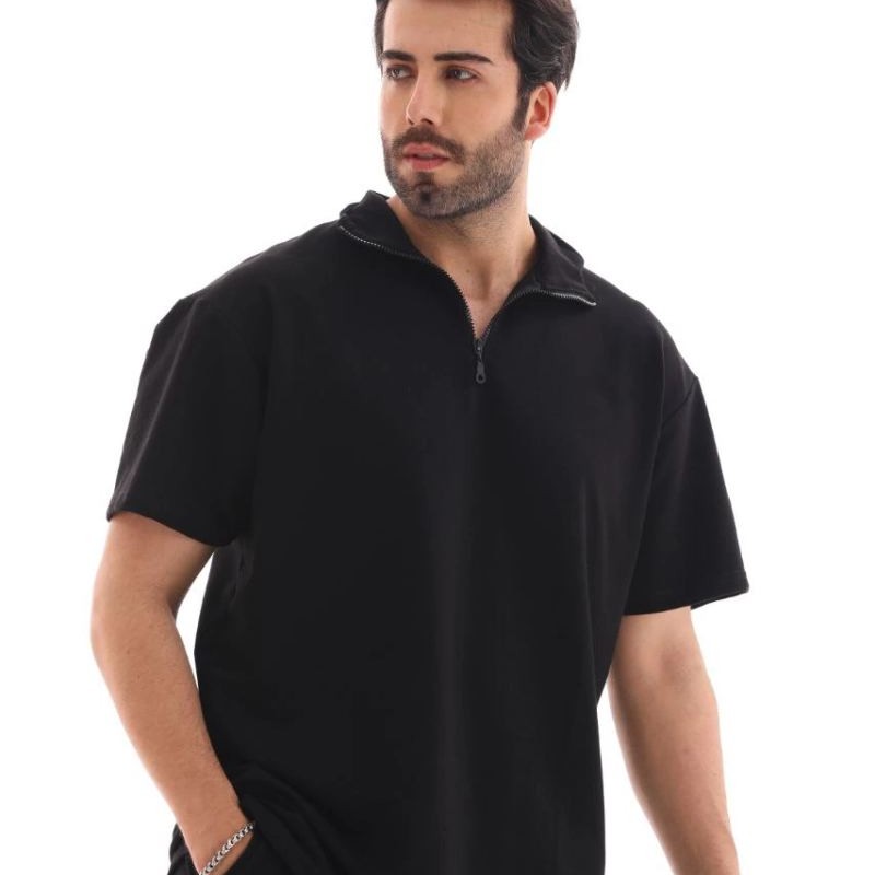 Erkek Yarım Fermuarlı Düz Oversize T-shirt - Siyah