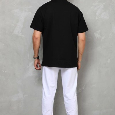 Erkek Yarım Fermuarlı Düz Oversize T-shirt - Siyah