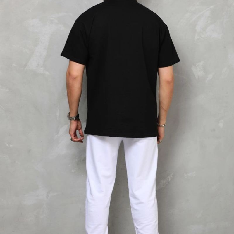 Erkek Yarım Fermuarlı Düz Oversize T-shirt - Siyah