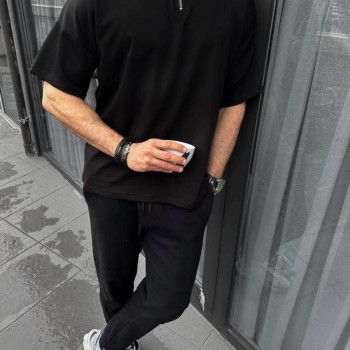 Erkek Yarım Fermuarlı Kısa kol T-Shirt - Siyah