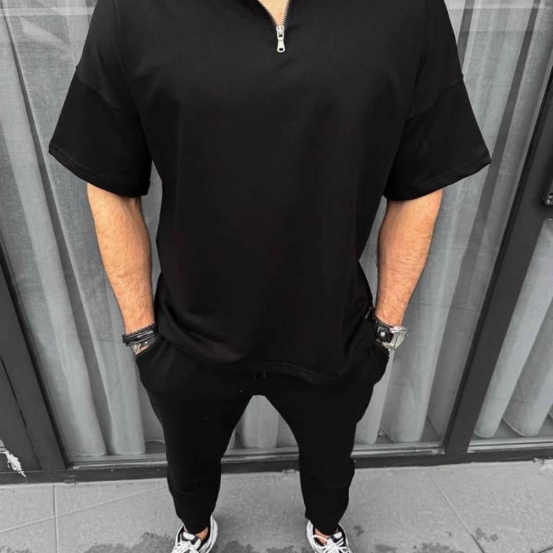 Erkek Yarım Fermuarlı Kısa kol T-Shirt - Siyah