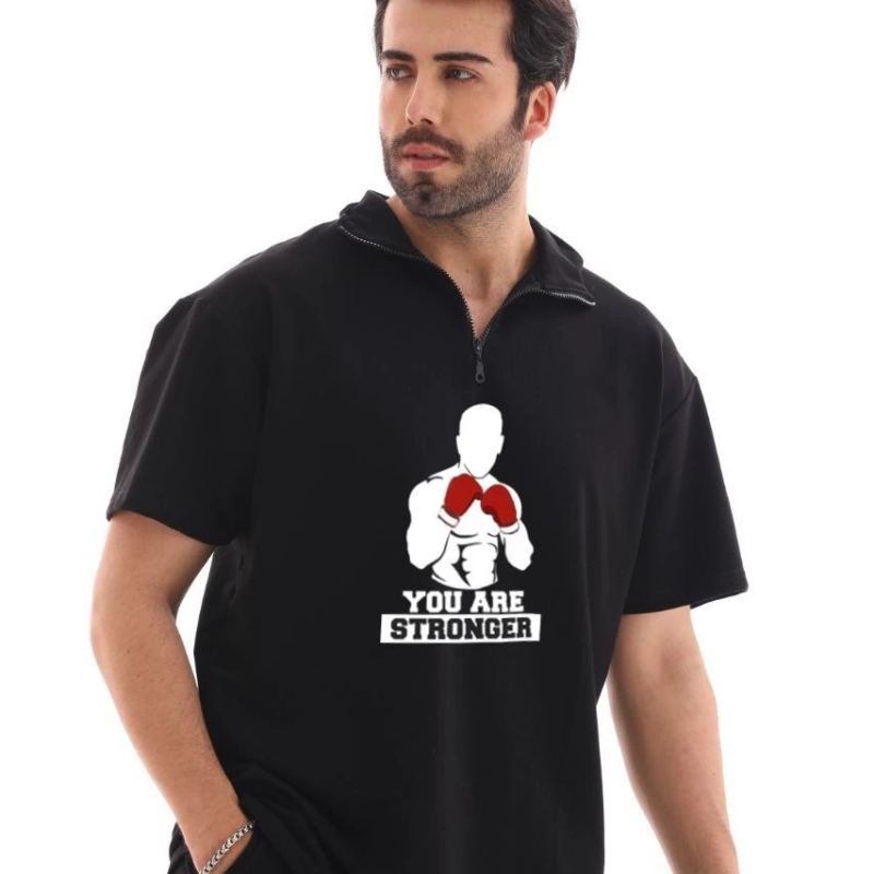 Erkek Yarım Fermuarlı Oversize Baskılı T-Shirt - Siyah